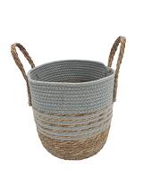 Καλάθι ψάθινο φυσικό με ρίγες & φάσα γκρι 28X26/34