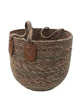 Καλάθι ψάθινο καφέ με ρίγα λαδί 34Χ31