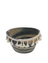 Καλάθι ψάθινο οβάλ φυσικό ριγέ μπλε με φούντες 20Χ16Χ12