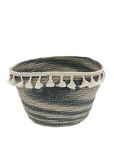 Καλάθι ψάθινο οβάλ φυσικό ριγέ μπλε με φούντες 30Χ24Χ20