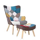 ALMA Πολυθρόνα - Μπερζέρα με Σκαμπό - Υποπόδιο Φυσικό Ύφασμα Patchwork, K/D Ε-00024317 Ε7141,4