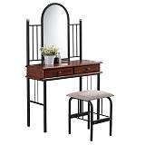 FLORA SET Τουαλέτα με Καθρέπτη + Σκαμπό 2 Συρτάρια, Μέταλλο Βαφή Μαύρο, Ξύλο Καρυδί Ε-00011046 Ε8028