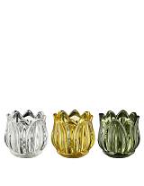 Κηροπήγιο γυάλ.λουλούδι 3χρώματα Φ7Η6,5cm