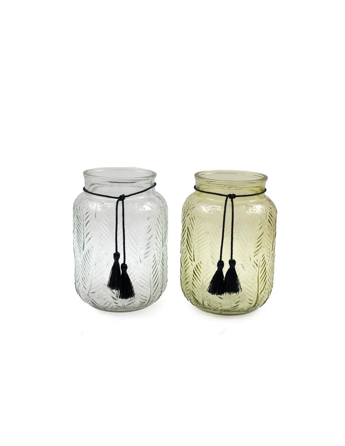 Κηροπήγιο γυάλινο με φούντες/2χρώματα Φ12x16cm