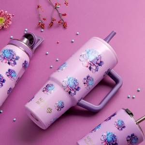 Θερμός tumbler ανοξείδωτο με πλαστικό καλαμάκι We Care, Purple Floral 900ml