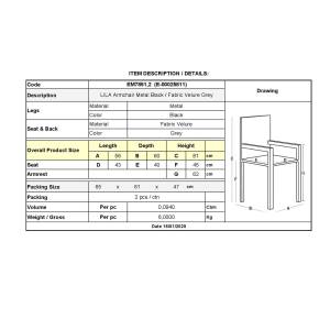 LILA Πολυθρόνα Μέταλλο Βαφή Μαύρο, Ύφασμα Velure Απόχρωση Γκρι Ε-00025811 ΕΜ7851,2