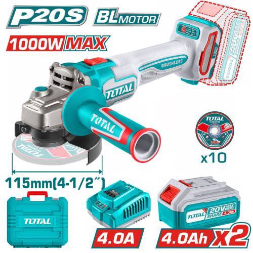TOTAL ΕΠΑΓΓ. ΣΕΤ ΓΩΝΙΑΚΟΣ ΤΡΟΧΟΣ 115mm ΜΠΑΤ. Li-ion 20V / 4Ah / 2 ΜΠΑΤ BL Motor (TAGLI271532E)