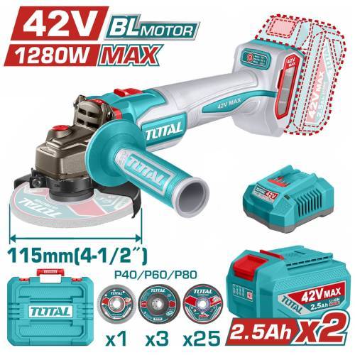 TOTAL ΕΠΑΓΓ. ΣΕΤ ΓΩΝΙΑΚΟΣ ΤΡΟΧΟΣ 115mm ΜΠΑΤ. Li-ion 42V / 2.5Ah / 2 ΜΠΑΤ BL Motor (TAGLI4128112E)