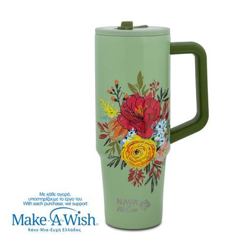 Θερμός tumbler ανοξείδωτο με πλαστικό καλαμάκι "We Care", Green Floral 900ml