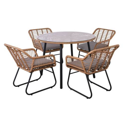 SALSA Τραπεζαρία: Μέταλλο Βαφή Μαύρο-Wicker Φυσικό, Μαξιλάρι Γκρι: Τραπέζι + 4 Πολυθρόνες Ε-00025937 Ε2802