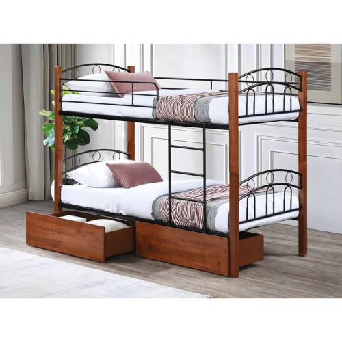 NORTON Κρεβάτι Κουκέτα με 2 Συρτάρια 94x47x30cm, Μέταλλο Βαφή Μαύρο-Ξύλο Καρυδί Ε-00026025 Ε80710