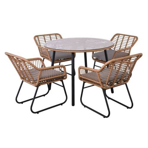 SALSA Τραπεζαρία: Μέταλλο Βαφή Μαύρο-Wicker Φυσικό, Μαξιλάρι Γκρι: Τραπέζι + 4 Πολυθρόνες Ε-00025937 Ε2802