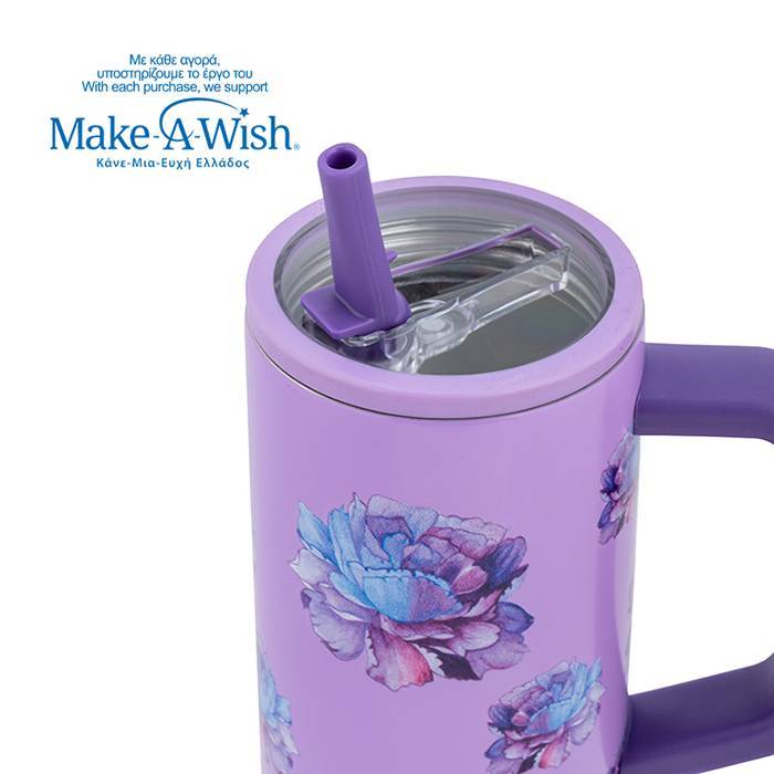 Θερμός tumbler ανοξείδωτο με πλαστικό καλαμάκι We Care, Purple Floral 900ml
