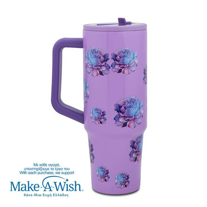 Θερμός tumbler ανοξείδωτο με πλαστικό καλαμάκι We Care, Purple Floral 900ml