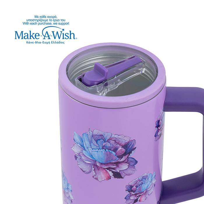 Θερμός tumbler ανοξείδωτο με πλαστικό καλαμάκι We Care, Purple Floral 900ml
