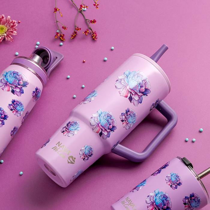 Θερμός tumbler ανοξείδωτο με πλαστικό καλαμάκι We Care, Purple Floral 900ml