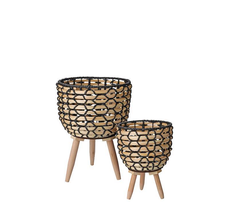 Ψάθινο κασπό με ξυλινο ποδι σετ. 2τεμ.,20.5/26cm HE429