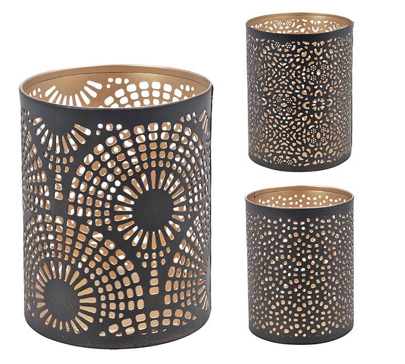 Φανάρι κεριού τρυπητό μαύρο/χρυσό μέταλ. 3σχ.,13cm HE593