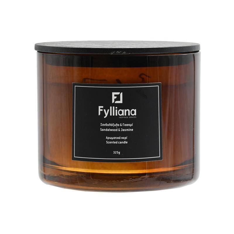 ΑΡΩΜΑΤΙΚΟ ΚΕΡΙ Fylliana FL1180 ΣΑΝΔΑΛΟΞΥΛΟ & ΓΙΑΣΕΜΙ ΣΕ ΓΥΑΛΙΝΟ ΒΑΖΑΚΙ 325gr ΚΑΙ ΣΥΣΚΕΥΑΣΙΑ ΔΩΡΟΥ ΚΑΦΕ ΧΡΩΜΑ 8x10.5εκ