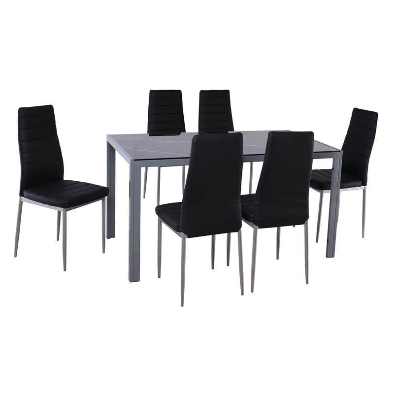 JETTA-DEGO Set Τραπεζαρία: Τραπέζι + 6 Καρέκλες, Μέταλλο Γκρι - Γυαλί Μαύρο - PVC Μαύρο Ε-00026760 ΕΜ966,S5