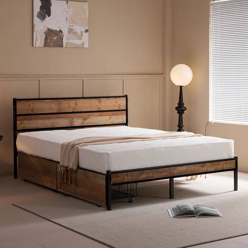 PALLET Κρεβάτι Διπλό-Συρτάρια, για Στρώμα 160x200cm, Μέταλλο Βαφή Μαύρο, Antique Oak Ε-00026028 Ε8431,1