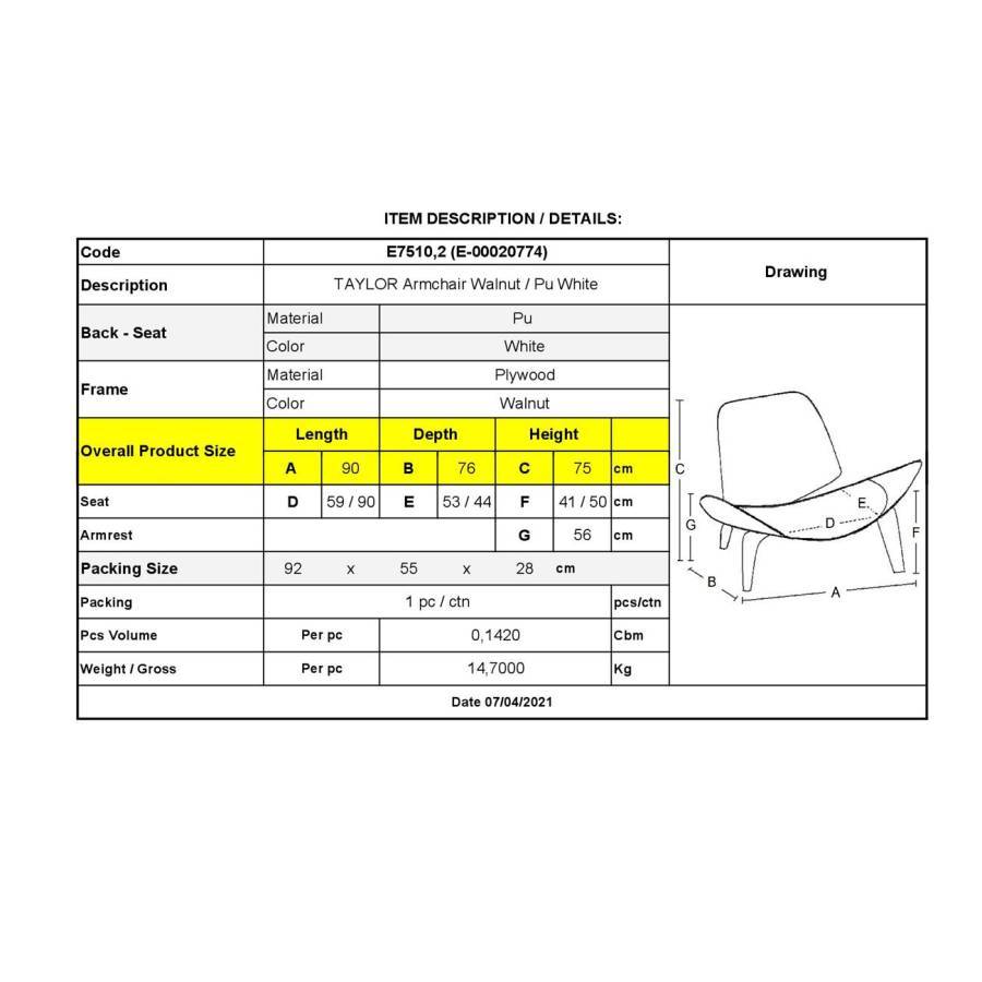 TAYLOR Πολυθρόνα Σαλονιού Καθιστικού Καρυδί, Pu Άσπρο Ε-00020774 Ε7510,2