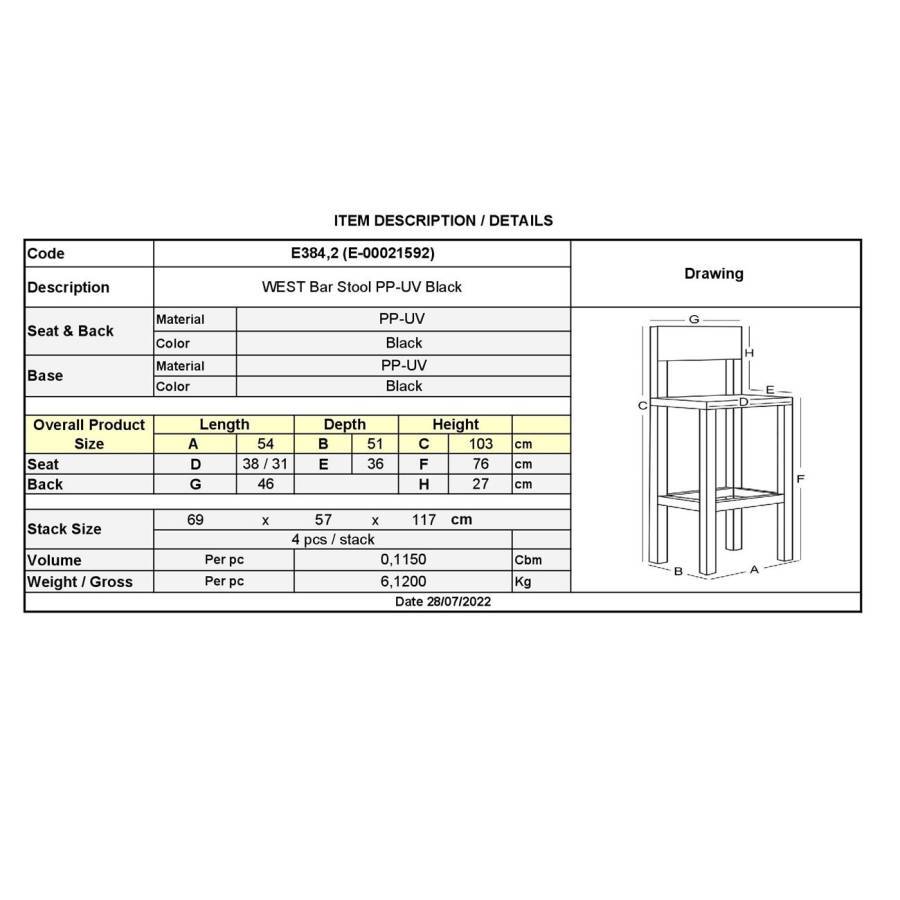 WEST Σκαμπό BAR με Πλάτη, PP-UV Μαύρο Ε-00021592 Ε384,2