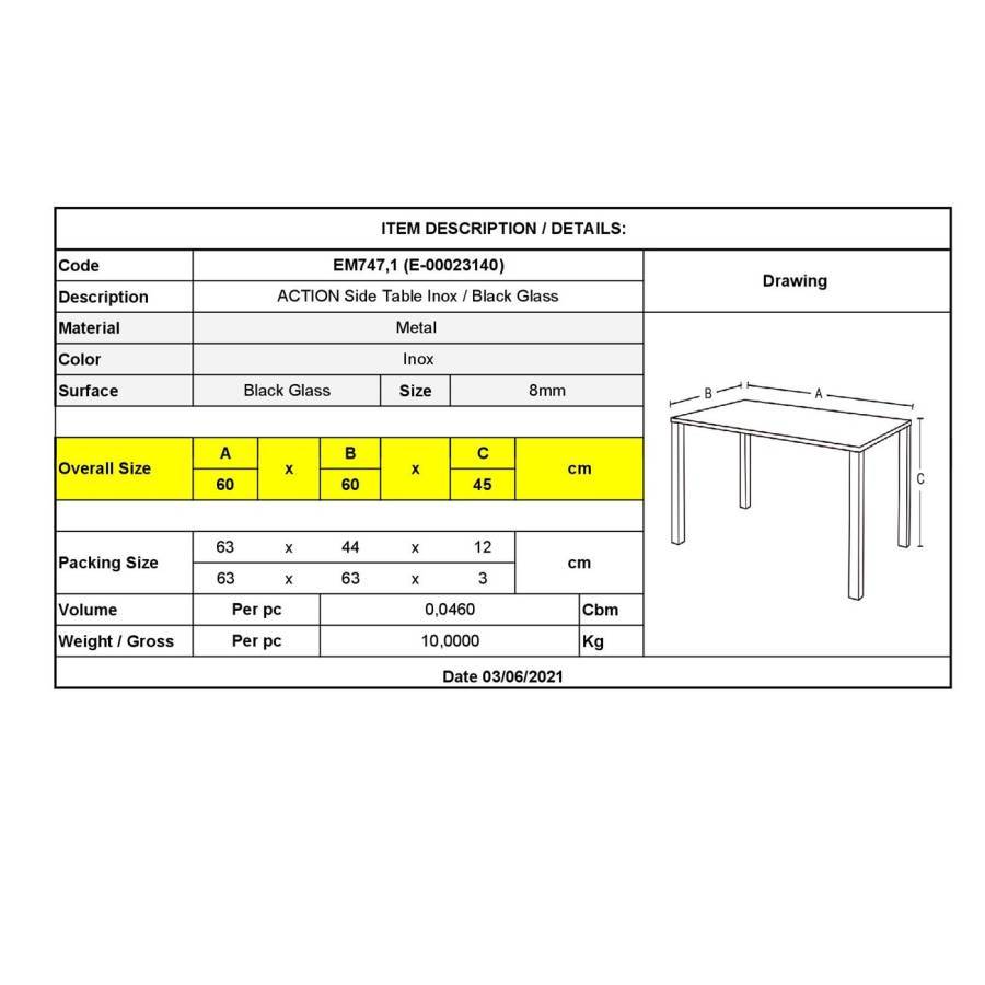 ACTION Βοηθητικό Τραπεζάκι Σαλονιού - Καθιστικού 60x60cm Inox - Μαυρό Γυαλί 8mm Ε-00023140 ΕΜ747,1
