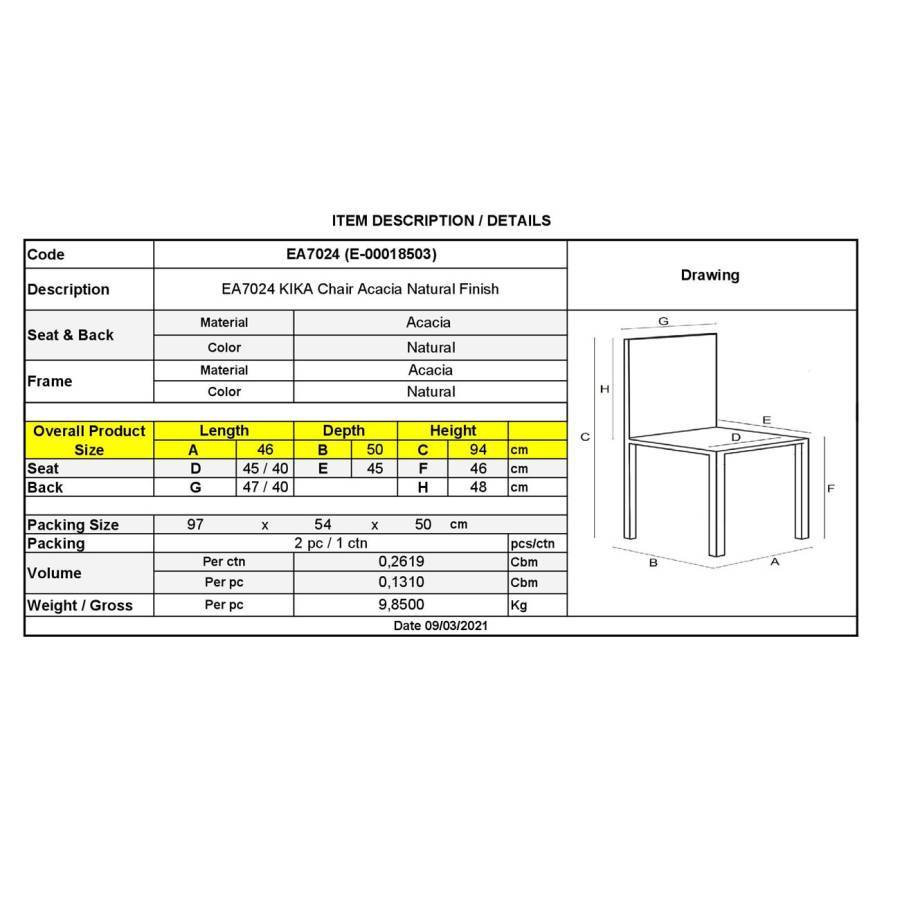KIKA Καρέκλα Tραπεζαρίας Κουζίνας - Ξύλο Ακακία Φυσικό Ε-00018503 ΕΑ7024