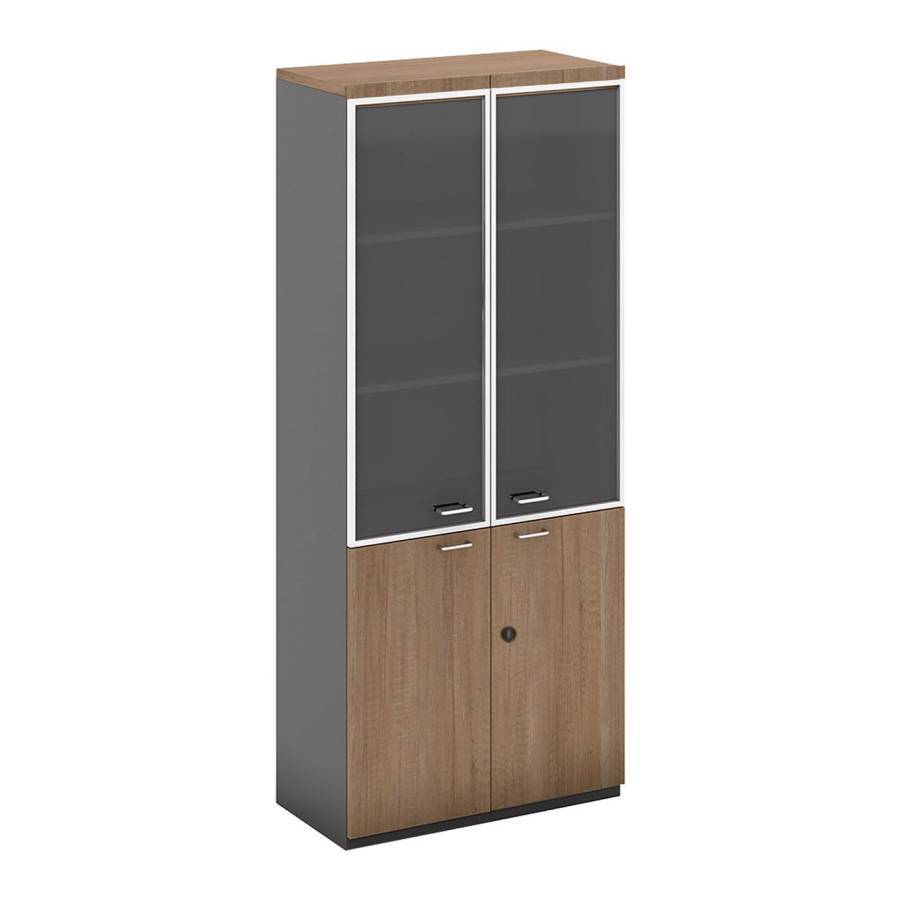 PROLINE Βιβλιοθήκη Γραφείου, 3 Ράφια Πόρτες Γυαλί, Ντουπάπι, Απόχρωση Καρυδί Δρυς - Μαύρο Ε-00020613 ΕΟ968