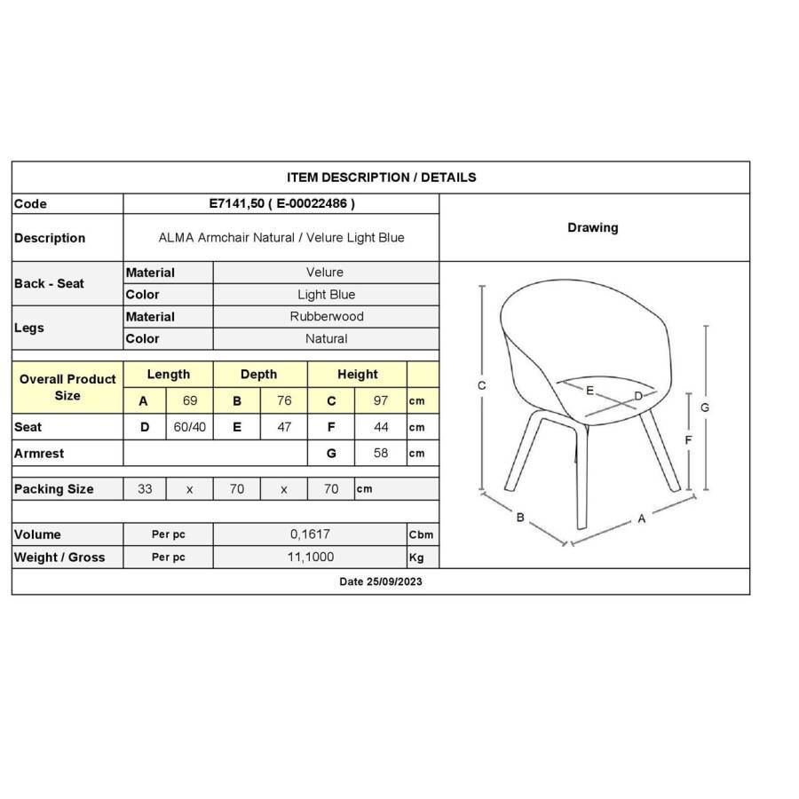 ALMA Πολυθρόνα - Μπερζέρα Σαλονιού - Καθιστικού Φυσικό Ύφασμα Ανοιχτό Μπλε Velure,K/D Ε-00022486 Ε7141,50