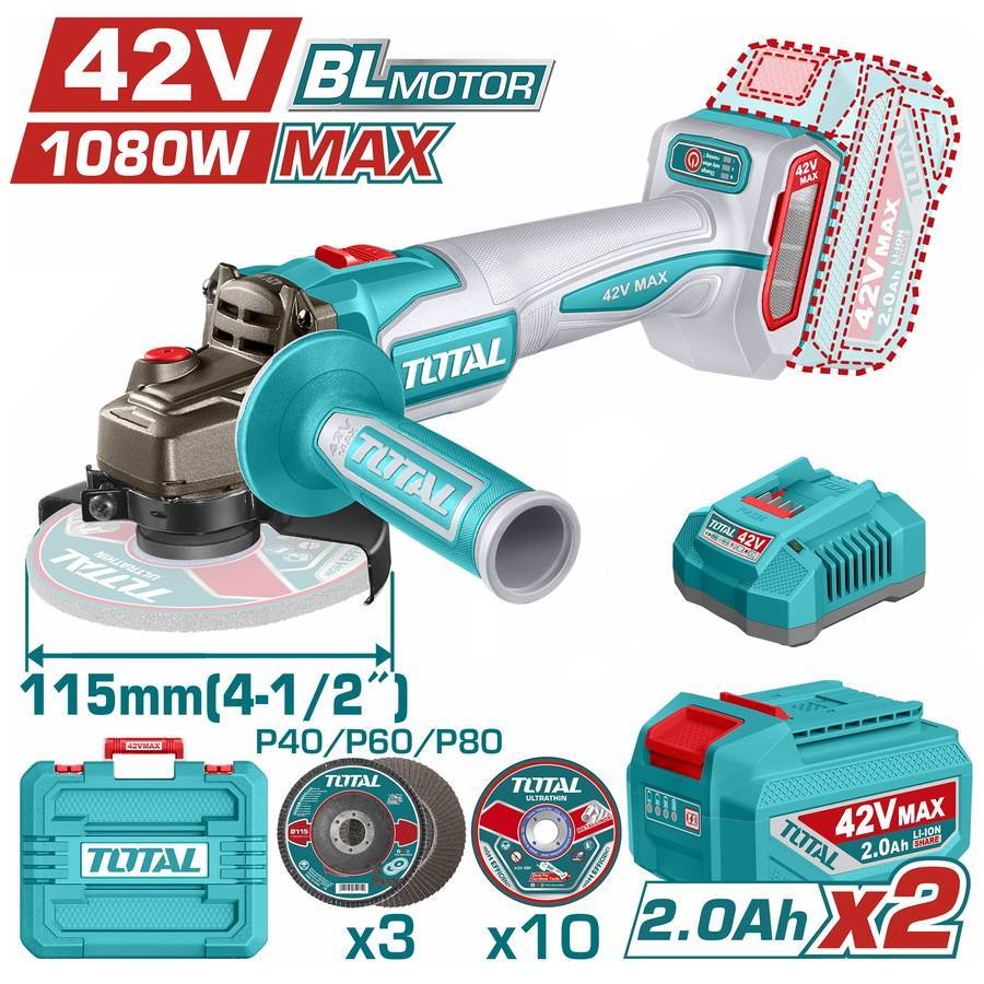 TOTAL ΕΠΑΓΓ. ΣΕΤ ΓΩΝΙΑΚΟΣ ΤΡΟΧΟΣ 115mm ΜΠΑΤ. Li-ion 42V / 2Ah / 2 ΜΠΑΤ BL Motor (TAGLI4108112E)