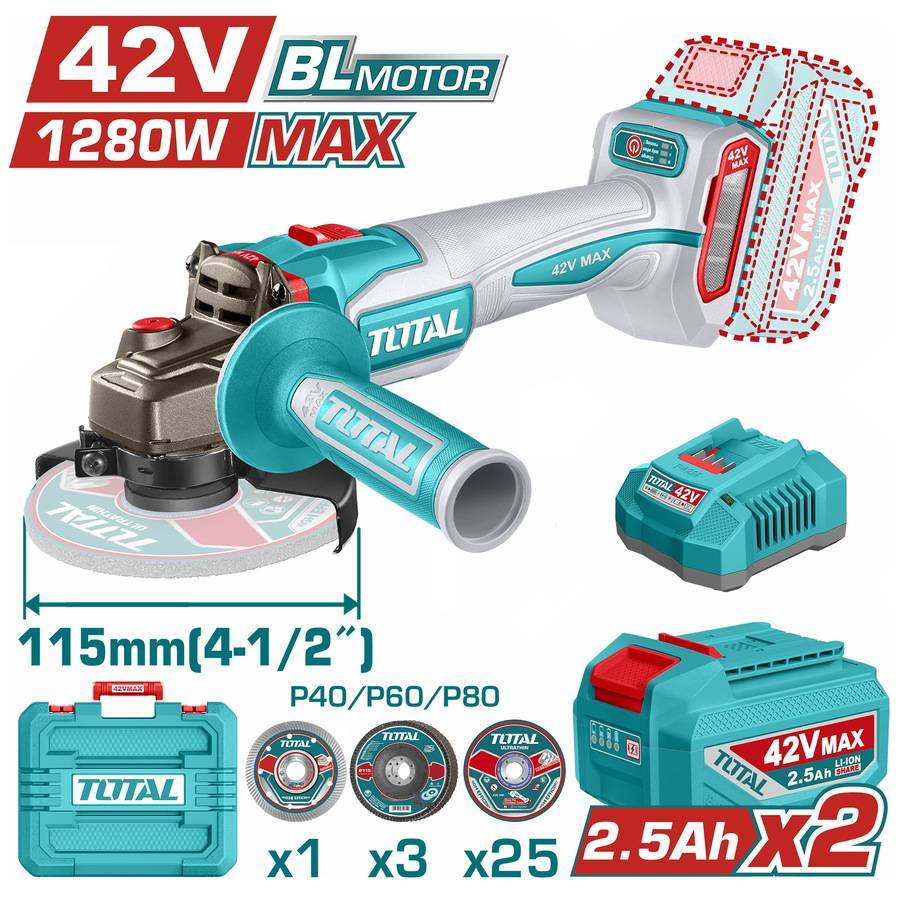 TOTAL ΕΠΑΓΓ. ΣΕΤ ΓΩΝΙΑΚΟΣ ΤΡΟΧΟΣ 115mm ΜΠΑΤ. Li-ion 42V / 2.5Ah / 2 ΜΠΑΤ BL Motor (TAGLI4128112E)