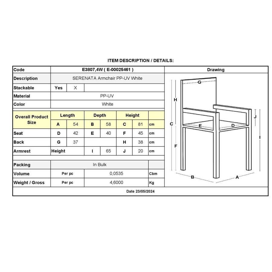 SERENATA Πολυθρόνα Στοιβαζόμενη, PP-UV Άσπρο Ε-00025461 Ε3807,4W