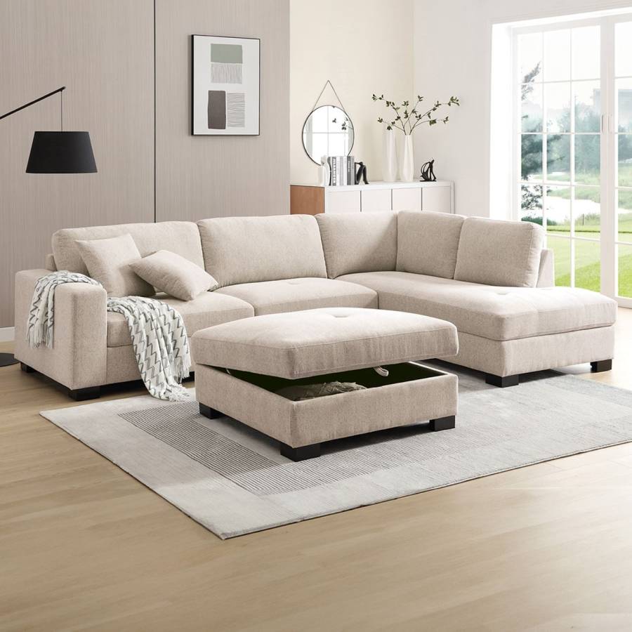 DORNO Καναπές Σαλονιού Αριστερή Γωνία με Αποθηκευτικό Σκαμπό, Ύφασμα Μπεζ Ε-00026676 Ε9414,3