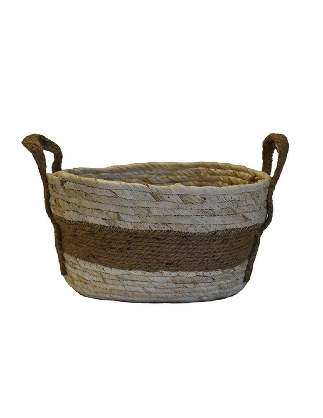 Καλάθι οβάλ ψάθινο εκρού με καφέ 32X22X17