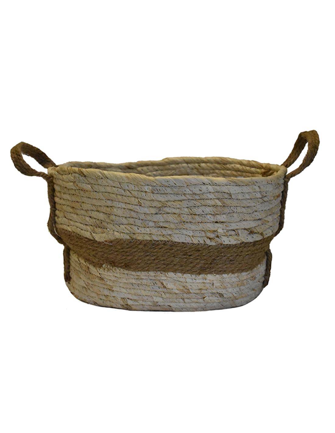 Καλάθι οβάλ ψάθινο εκρού με καφέ 37X27X20
