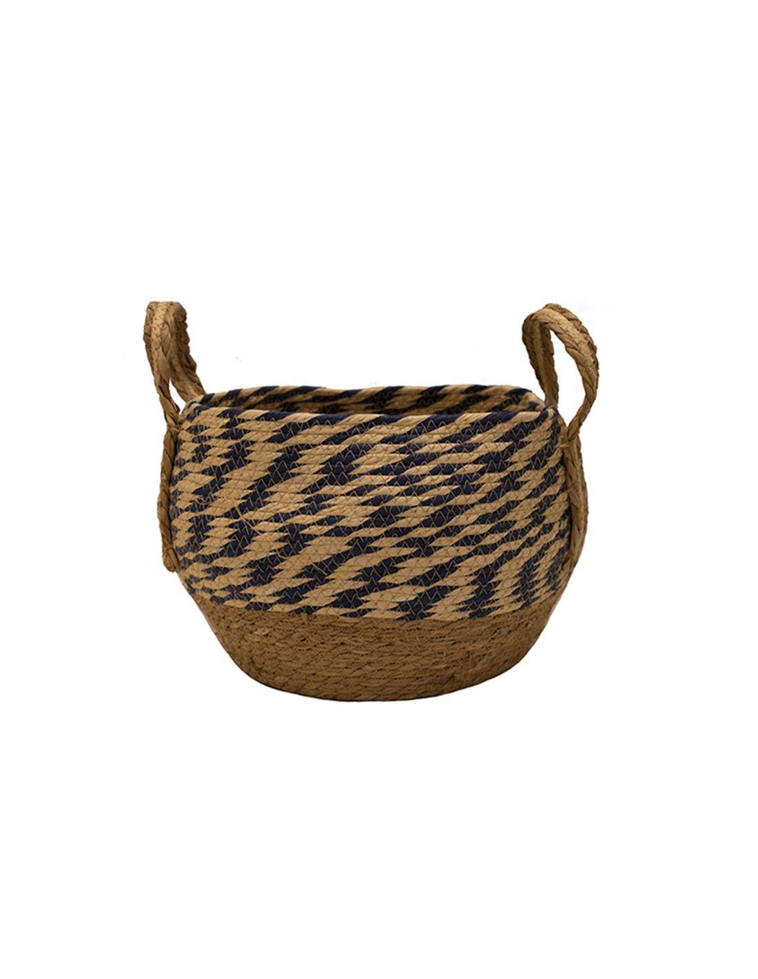Καλάθι ψάθινο φυσικό με blue rush φάσα Φ25Χ15