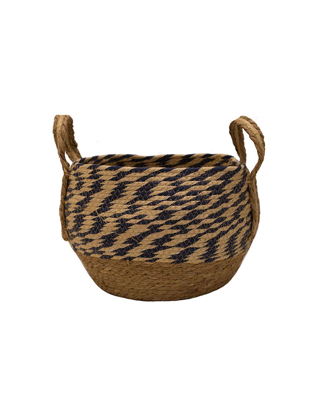 Καλάθι ψάθινο φυσικό με blue rush φάσα Φ29Χ21