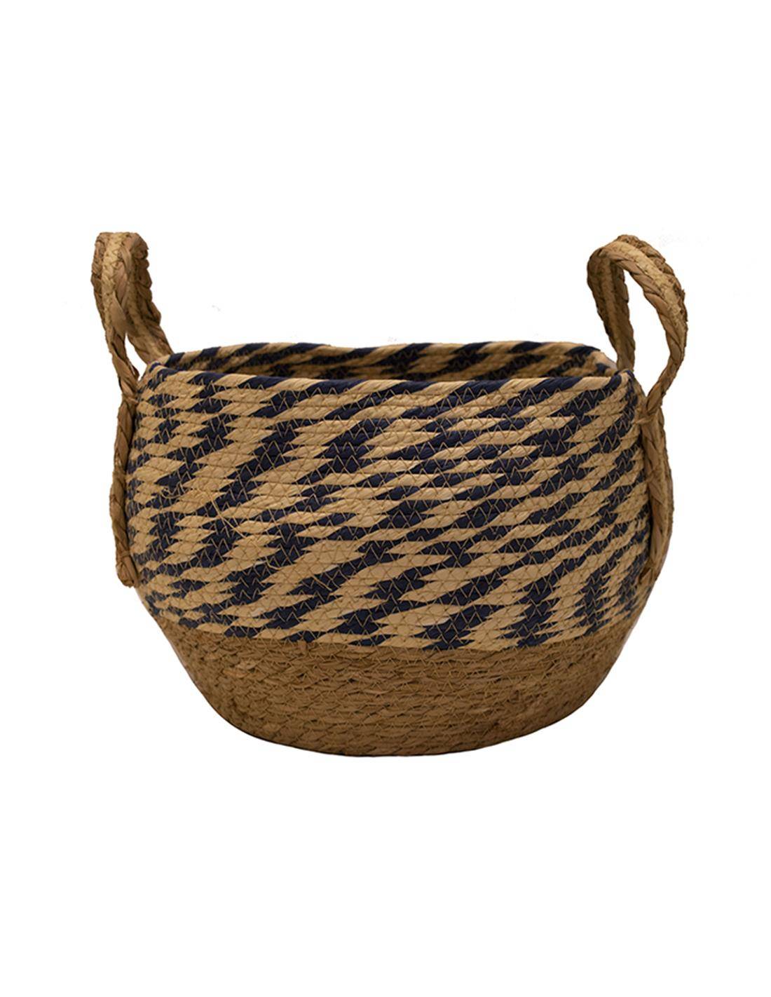 Καλάθι ψάθινο φυσικό με blue rush φάσα Φ33Χ24