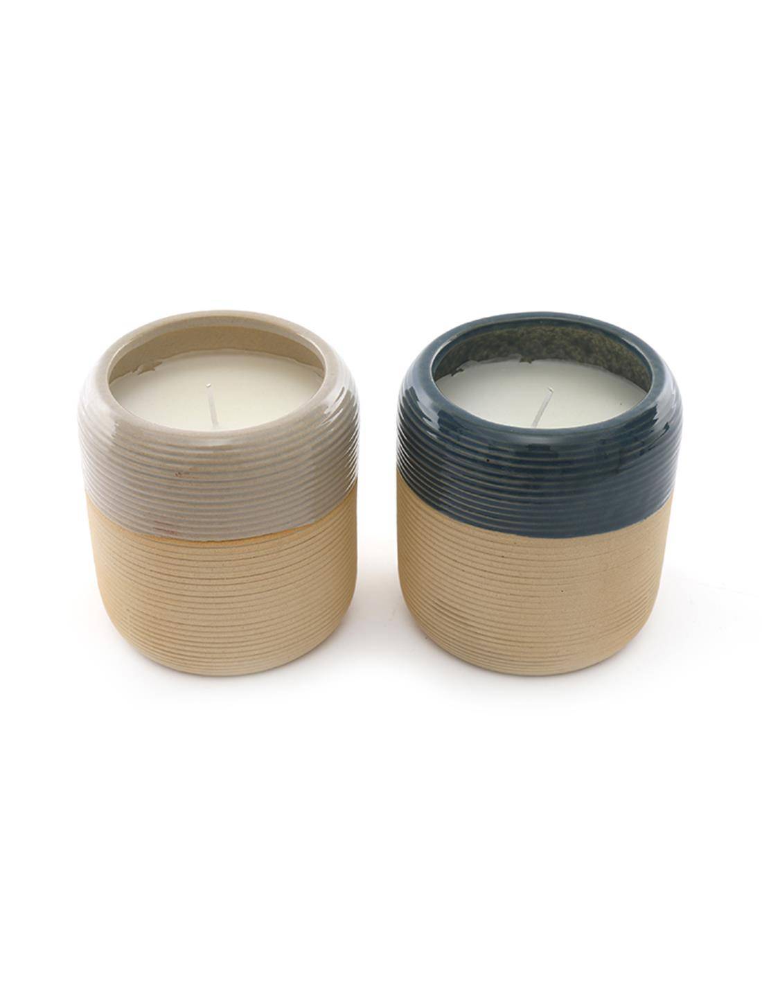 Ποτήρι κεραμ.με κερί μπέζ ή μπλε χρ. 9Χ9