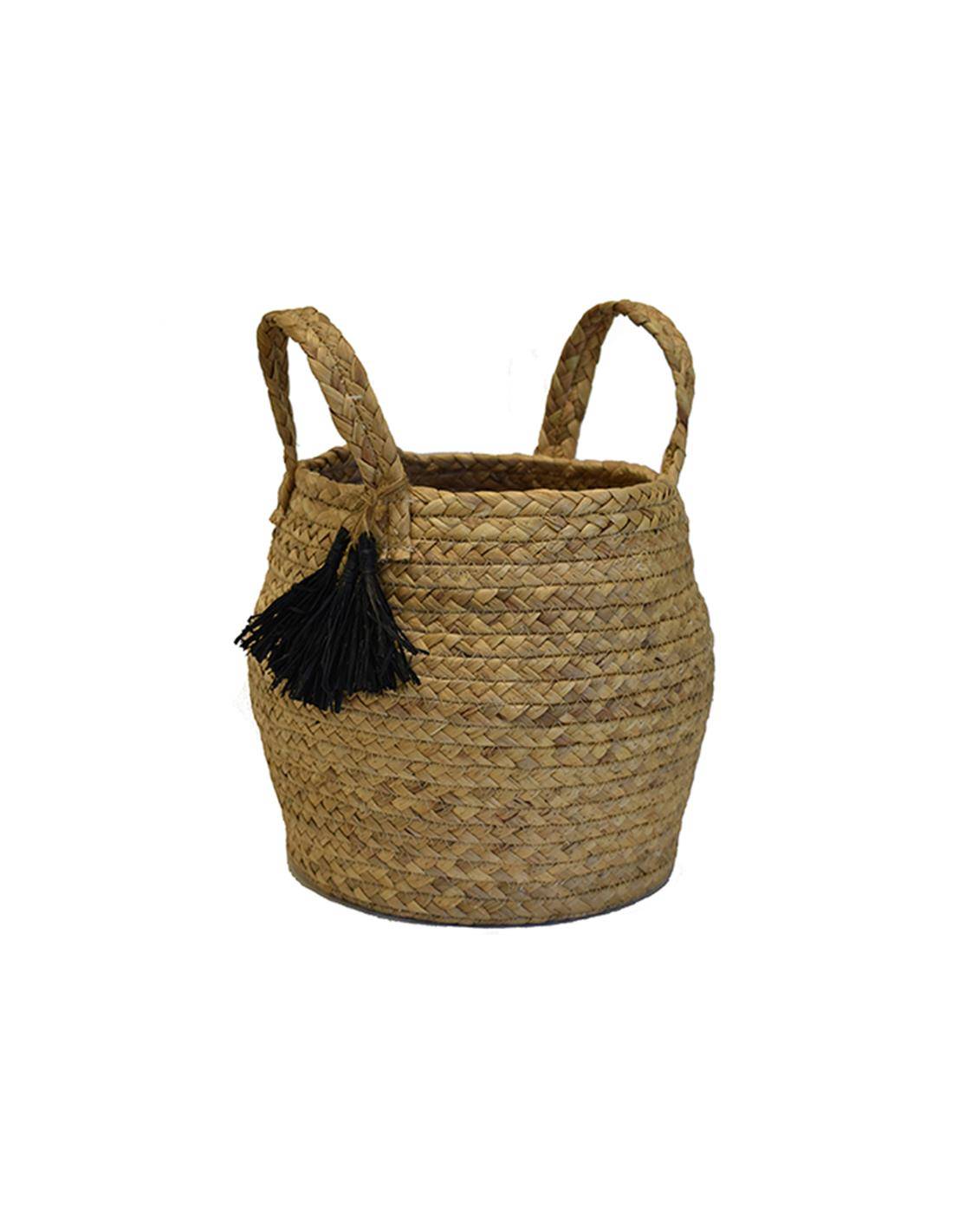 Τσάντα καλάθι ψάθινη  φυσικό χρ. με μαύρες φούντες Φ22Χ18