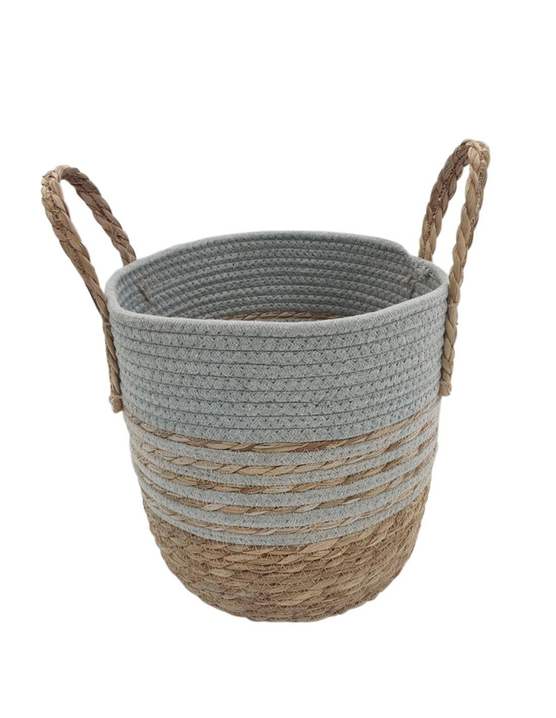 Καλάθι ψάθινο φυσικό με ρίγες & φάσα γκρι 28X26/34