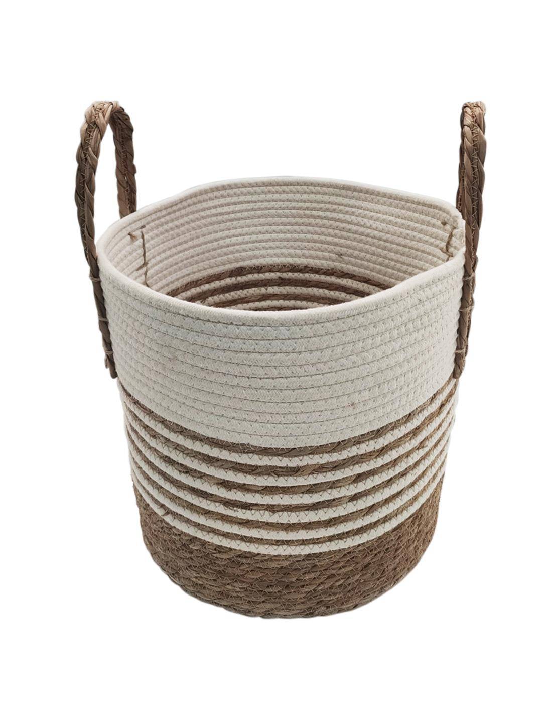 Καλάθι ψάθινο φυσικό με ρίγες & φάσα λευκή 33X30/39