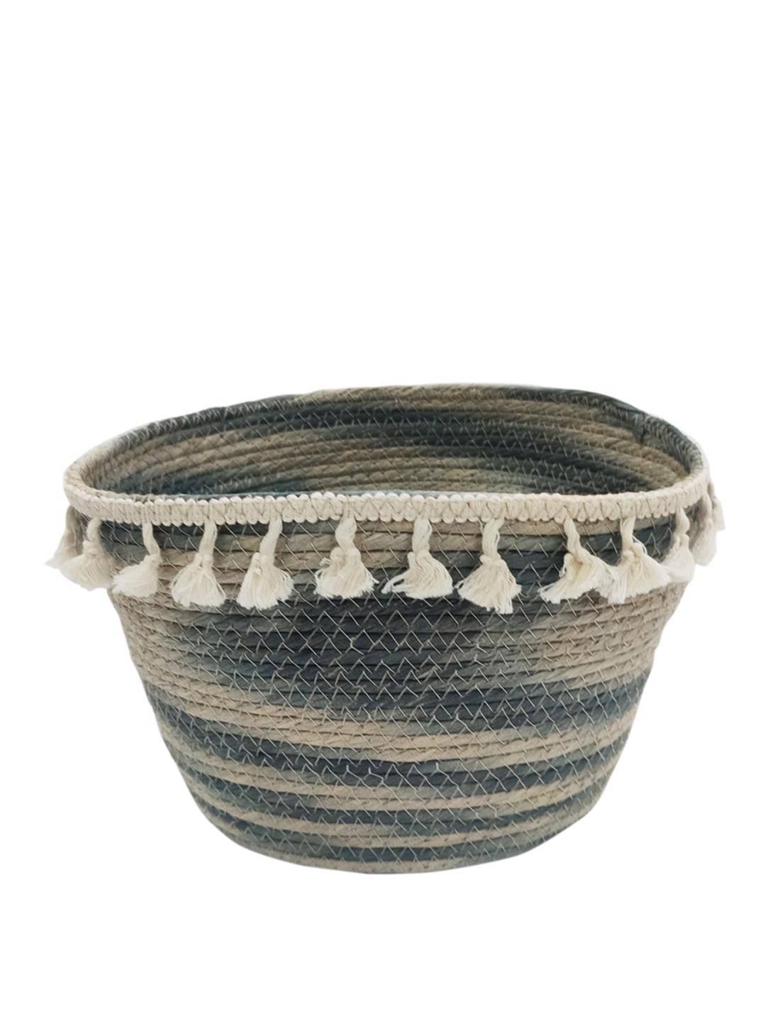 Καλάθι ψάθινο οβάλ φυσικό ριγέ μπλε με φούντες 30Χ24Χ20
