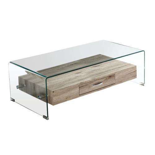 GLASSER Wood Τραπεζάκι Σαλονιού Γυαλί 12mm - Ράφι με Συρτάρι Απόχρωση Δρυς Ε-00018060 ΕΜ738