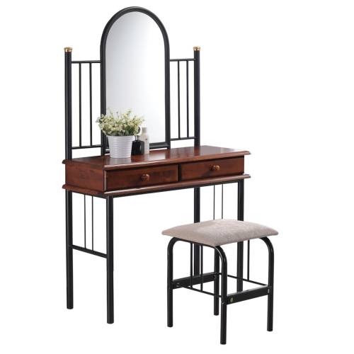 FLORA SET Τουαλέτα με Καθρέπτη + Σκαμπό 2 Συρτάρια, Μέταλλο Βαφή Μαύρο, Ξύλο Καρυδί Ε-00011046 Ε8028