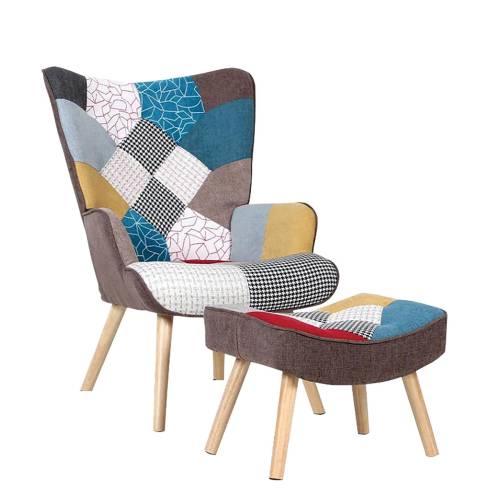 ALMA Πολυθρόνα - Μπερζέρα με Σκαμπό - Υποπόδιο Φυσικό Ύφασμα Patchwork, K/D Ε-00024317 Ε7141,4