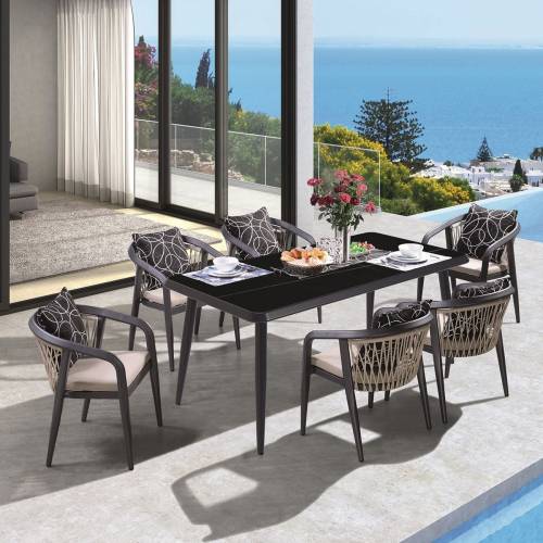 JARDIN Τραπεζαρία ALU Ανθρακί, HPL Μαύρο,Rope Μπεζ: Τραπέζι + 6 Πολυθρόνες με Μαξιλάρια Ε-00025310 Ε6742,S1
