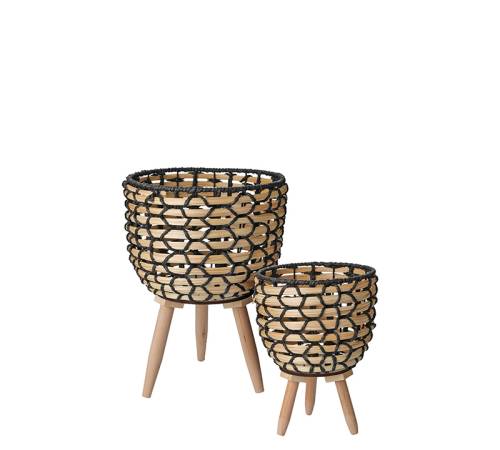 Ψάθινο κασπό με ξυλινο ποδι σετ. 2τεμ.,20.5/26cm HE429